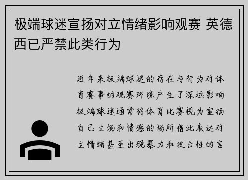 极端球迷宣扬对立情绪影响观赛 英德西已严禁此类行为