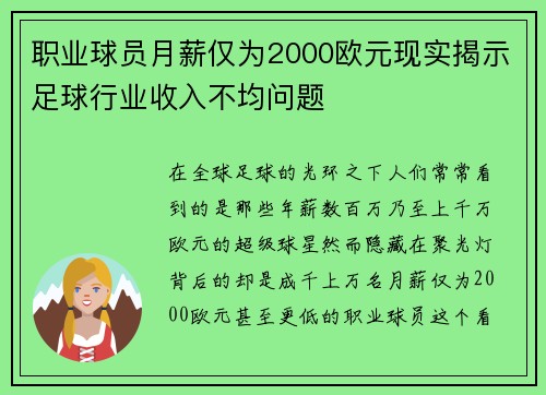 职业球员月薪仅为2000欧元现实揭示足球行业收入不均问题